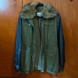 Bar III Faux Leather Sleeve Utility Jacket